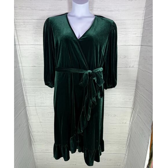 Y2K Cato 22/24W women green velvet wrap midi dress old money quiet luxury event - Picture 2 of 12